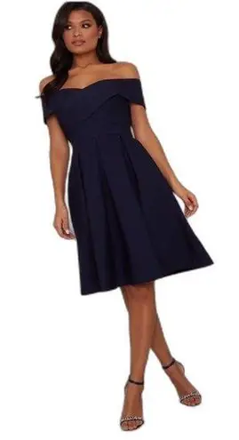 Chi Chi London Navy Bardot Wrap Skater Dress Size 8 Blue