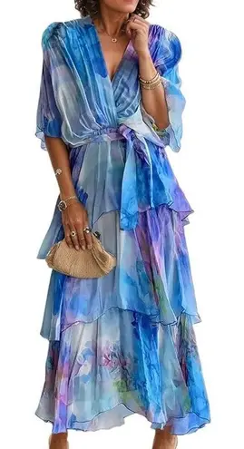 NWT ~ Women's Watercolor Tie Dye Layered Tiers V Neck Wrap Dress Belt ~ Size XL Blue