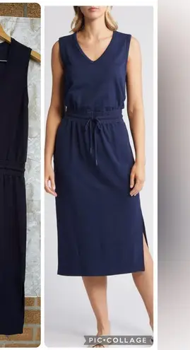 Evereve Elastic Waistband Drawstring Navy Blue Midi Dress size medium