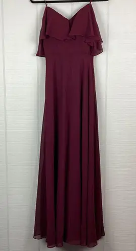 Mori Lee Chiffon Bridesmaids Dress with Off-the-Shoulder Ruffle Detail Bordeaux