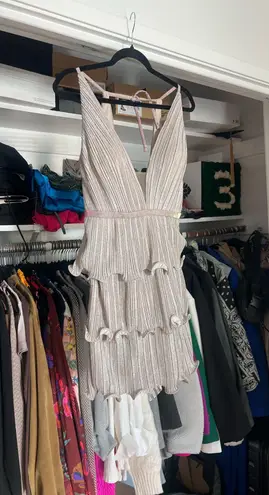 Mac Duggal Ieena by Mac Dugan soft pink iridescent sparkle ruffle mini dress 4