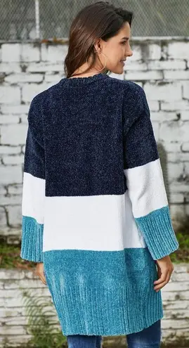 BLUE MULTI WHITE COLOR BLOCK VELVET CHENILLE CARDIGAN SIZE XL (16