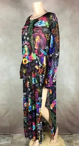 ROUGE NYC Graffiti Printed QUEEN Savage High Slit Mesh Dress 4X Black