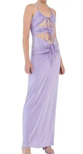 KikiRiki Ruched Front Tie Cutout Halter Maxi Dress Purple Size Small NWT - Image 3