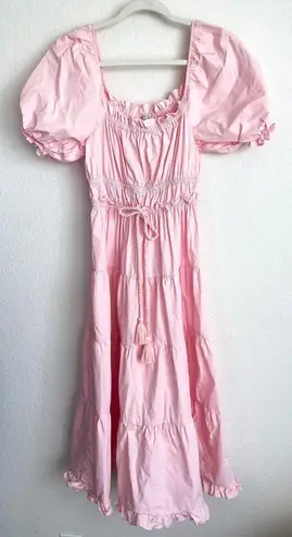 Moon River Light Pink Babydoll Peasant Midi Dress