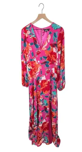 Lulus Carolita Magenta Floral Print Long Sleeve Maxi Dress Size Medium Side Slit Pink