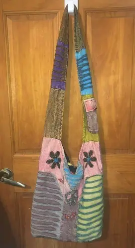 376. Bohemian hippie style Colorful peace sign & daisies Patchwork Shoulder Bag Pink