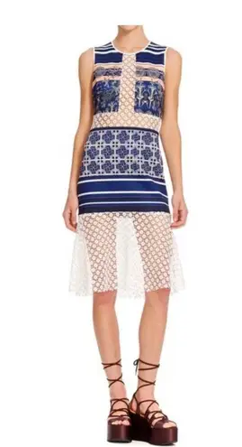 Clover Canyon Lace Inset Neoprene Marine Garden Floral Midi Dress Large Cocktail