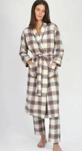 Sleepy Jones Marianne Brushed Cotton Twill Plaid Robe in Camel Red Size L