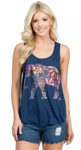 LA SOUL Navy Floral Peaceful Elephant Graphic Tank Top Lightweight Summer Shirt Blue Size L