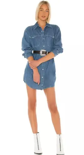 GRLFRND Mariana Button Down Western Snap Front Denim Shirt Dress Blue Women's XS