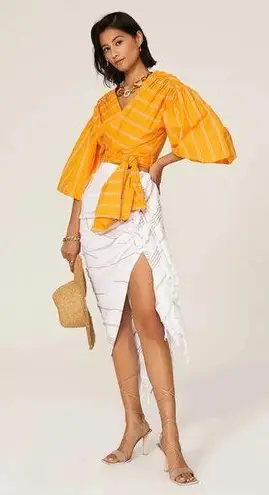 Acler Wyatt Orange Stripped Puff Sleeves Summer Wrap Cropped Blouse 10