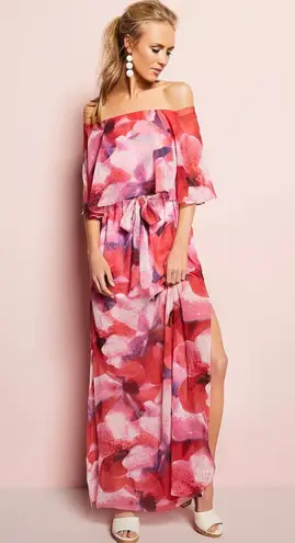 Halston Heritage off the shoulder sheer lined maxi tulip floral print dress