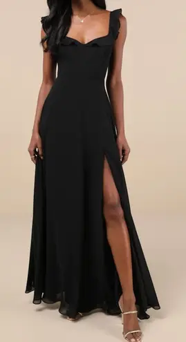 Lulus NWT Dreamy Admiration Black Ruffled Sweetheart Chiffon Maxi Dress Large