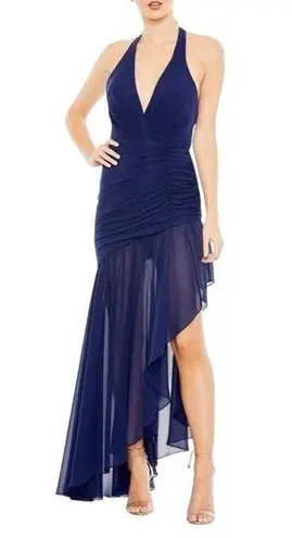 Mac Duggal NWT Asymmetrical Ruffle Hem Halter Dress in Navy Size 4