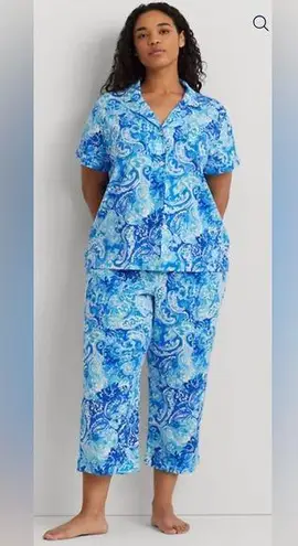 New Women’s Lauren Ralph Lauren Paisley Jersey Capri Sleep Set
Pajamas Large Blue - Image 1