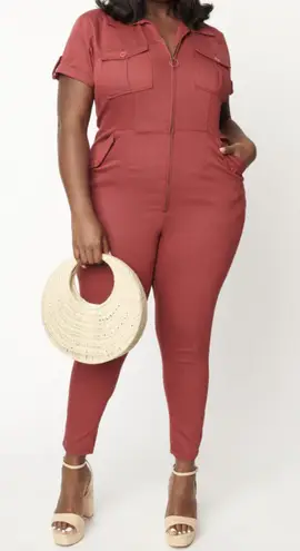 Unique Vintage Plus Size Burgundy Denim Cargo Jumpsuit, Size 1X