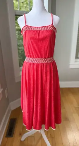 Vintage 70’s 80’s Ginger Snaps Coral Red White Terrycloth Dolphin Hem Midi Dress