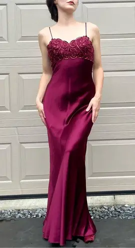 90s Vintage Burgundy Sequin Embellished Satin Slip Maxi Dress Formal Gown 4/6 Red