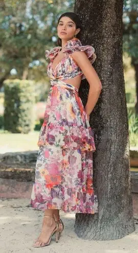 Mac Duggal Pink Floral Chiffon V Neck Ruffle Sleeveless Tiered Midi Dress 4