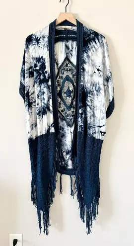 Origami By Vivien Crochet and Fringe Kimono in Blue & White Tie Dye OS Size undefined
