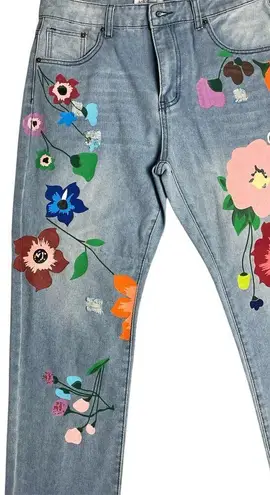 Misslook Embroidered Painted Floral Light Distressing Medium Wash Jeans Size XL Blue