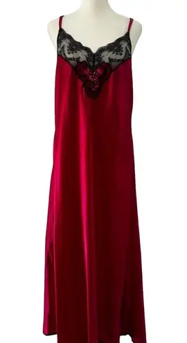 Vanity Fair Vintage Nightgown black Lace and Shiny red Satin USA Slip Gown large