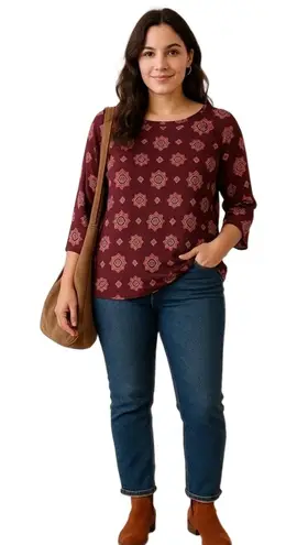 PaperMoon Burgundy Medallion Print Blouse, Boho Fall Top, 3/4 Sleeve