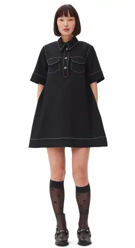 Ganni NEW Sable Topstitch Crepe Swing Button Front Mini Dress Black Sz 36 SNAGS