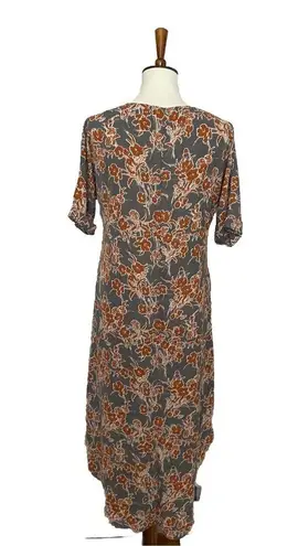 Mittoshop Midi Maxi Dress V-Neck Cuff Sleeves Floral Pockets Grey Rust White