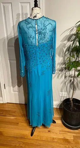 Blondie Nites Vintage Niteline Della Roufogali Silk Embellished Beaded Sequin Long sleeve sheer Mermaid Print keyhole