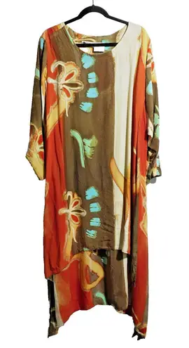 Boho Hippie Tribal Abstract Art to Wear Shark Bite Hem Dress Oversized Caftan Size M
