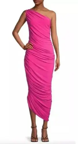 Norma Kamali NWT Diana Revolve Fuchsia Ruched One-Shoulder Midi-Dress Size S