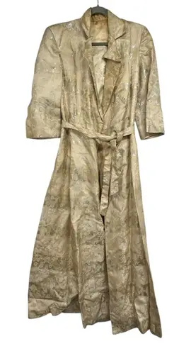 Vintage Handmade Brocade Duster Robe Gold Metallic Jacquard Belted Long Coat M Size M