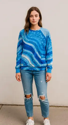 None Blue Agate Geode Crystal Print Long Sleeve Sweatshirt Women’s S