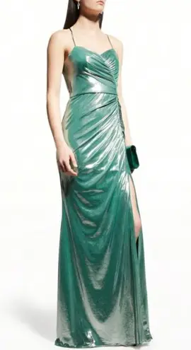 Marchesa Notte Jade Ruched Sleeveless Lame Gown Green Size 10