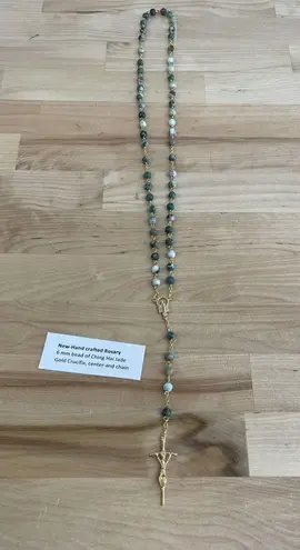 Handcrafted 20" Rosary 6mm Bead of Ching Hai Jade Gold Crucifix, Center, Chain