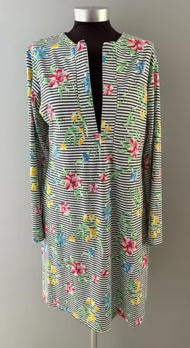 IBKUL Dress Size L Blue White Stripe Floral Mesh Sleeve Golf Fish Beach UPF Size L