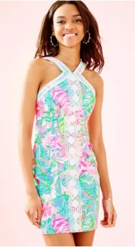 Lilly Pulitzer  Vena Dress Womens 8 Pink Green Floral Lace Trim Summer Sundress