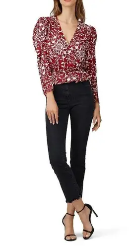The Kooples Botanical-Print Puff-Sleeve Peplum Silk Top Red Womens Size 2 Medium