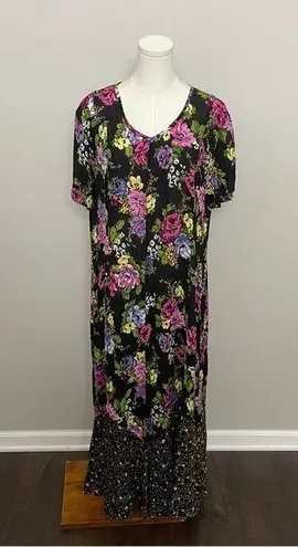 Vintage Maxi Dress Floral Mixed Print Cottagecore Prairie Fairy Garden Black Size L