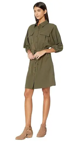 Bishop and Young Safari Olive Green Puff Sleeve Button Up Midi Dress - Small NWT