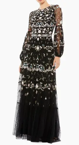 Mac Duggal Floral Embellished Tiered Tulle Gown Ruffle Trim and Poet Sleeves 4