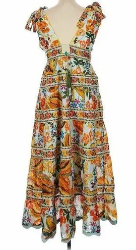 Farm Rio Blue Spring Bananas Midi Dress Size Large Tropical Vacation Casual