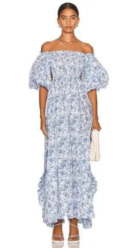 Caroline Constas Yara Blue Toile Floral Off Shoulder Puff Sleeve Maxi Dress S