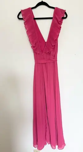 If by sea Midi Dress Ruffle Sleeveless Crewneck Pleated Flowy Belted Dress small Pink