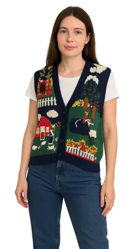 Vtg PGalli Farm Scene Sweater Vest Knit Ramie Cotton M Cottagecore Sunflowers Green Size M