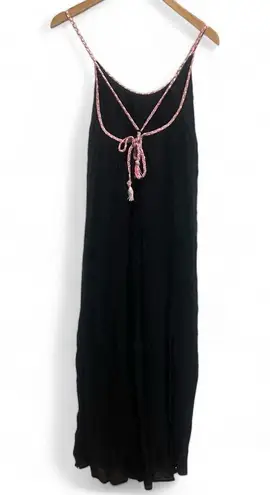 Seafolly black 100% cotton gauze maxi dress braided strappy neck tie size small