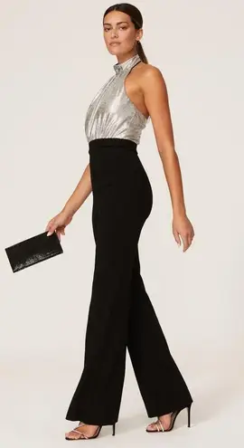Black Halo Genesis Black Silver Wide Leg Halter Cocktail Jumpsuit Size 2