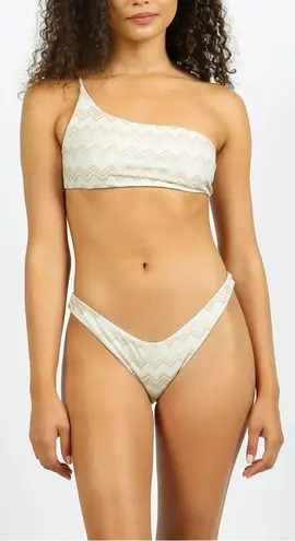 Nirvanic Deia Bikini Eco Seashell Zig Size Large One Shoulder Neutral Colors NWT Tan